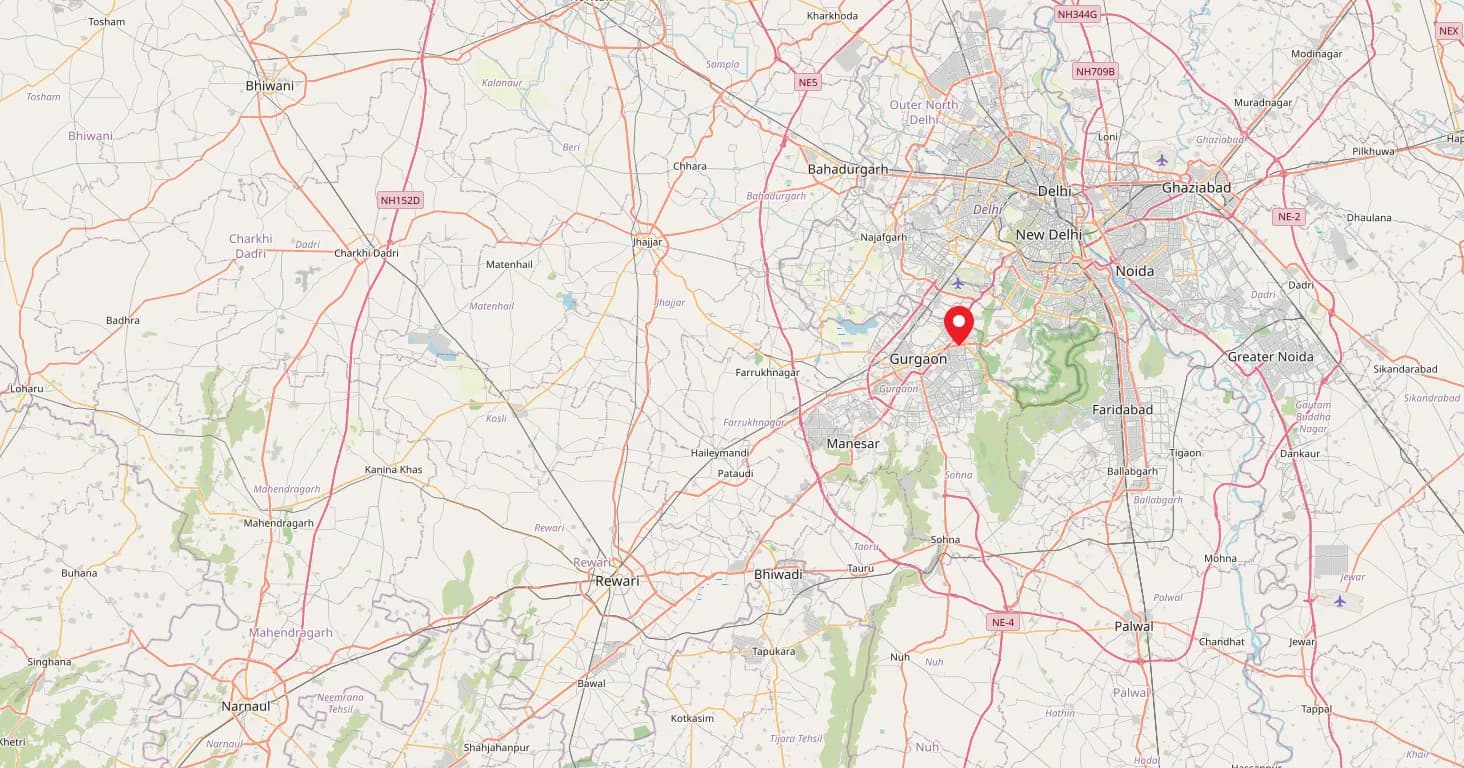 Map of Delhi NCR with Eazy’s head office marked at Vipul Agora, MG Road, Gurugram